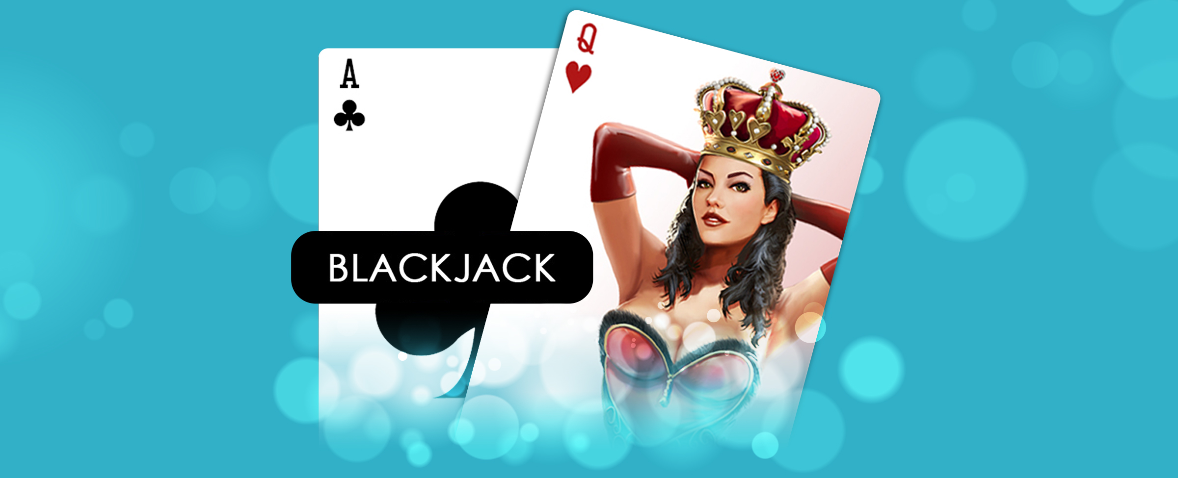 Blackjack design featuring the Ace of Clubs and Queen of Hearts with a regal-themed illustration on a blue background.