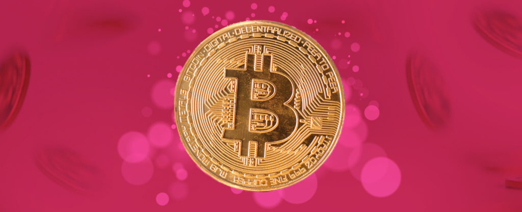 Bitcoin symbol on a colorful background with casino chips and small graphic elements.