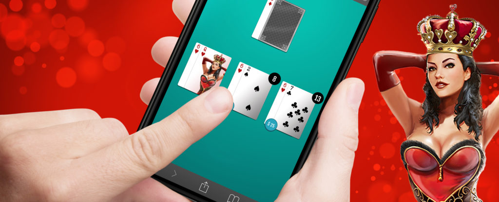 Close-up of a player interacting with an online blackjack game on a smartphone, featuring a red background and the Queen of Hearts character prominently displayed alongside the game interface.