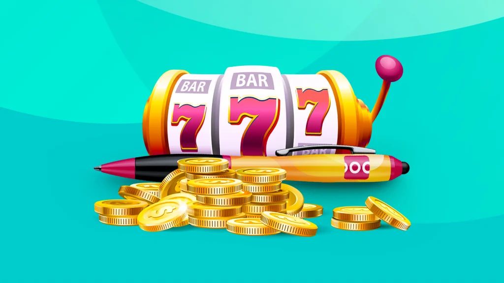 A cartoon slot reel with three 7s, sits behind a pen and gold coins, against an aqua background.