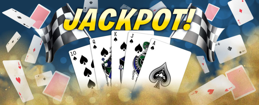 Let ‘Em Ride jackpot graphic with a Royal Flush of spades (10, Jack, Queen, King, Ace), racing flags, and floating playing cards on a golden background.