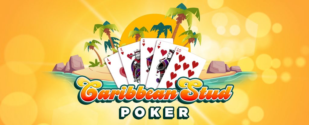 The text Caribbean Stud Poker can be read in the center. The background shows poker cards in an environment with palm trees and sunshine.