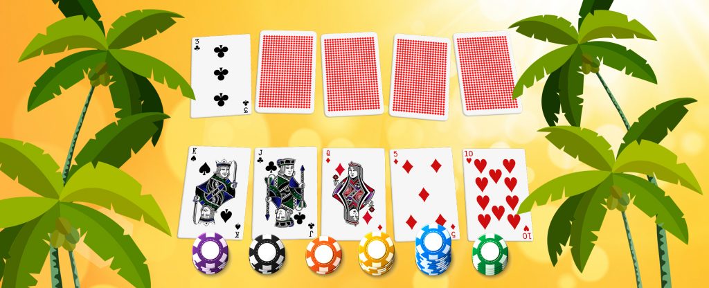 With a sunny, tropical background, 10 poker cards are shown in two rows, 6 of them face up and 4 face down. Casino chips also appear.