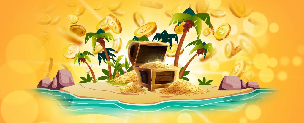 On an island, a treasure chest appears filled with gold coins among the palm trees.