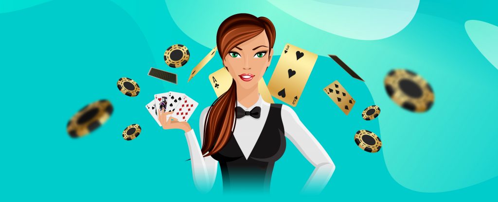 Animation of a casino dealer in the center, holding playing cards and with casino chips and other cards in the background.