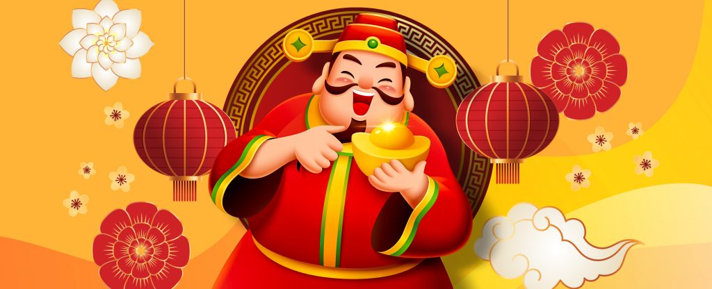 A 3D-animated Chinese man is pictured from the waist up, wearing traditional garb, and pointing to a glistening golden egg. Either side of him are red hanging lanterns, and illustrations of historic Chinese iconography including flowers and a cloud.