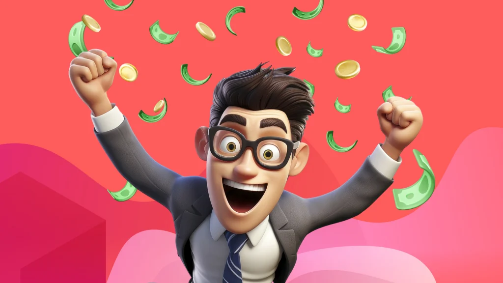 Cash and coins float on a red and pink image, surrounding a man who is very excited, with his arms up and huge smile on his face.