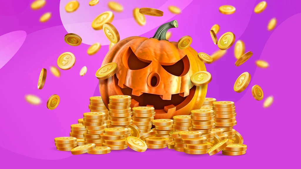 A jack-o'-lantern is surrounded by stacks of gold coins against a purple background.