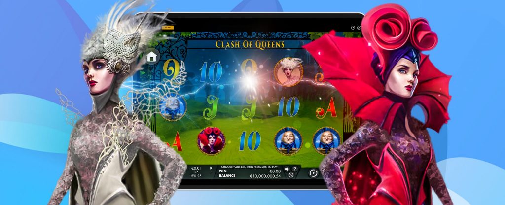 Clash of Queens Gameplay on a mobile screen with slot characters in each side