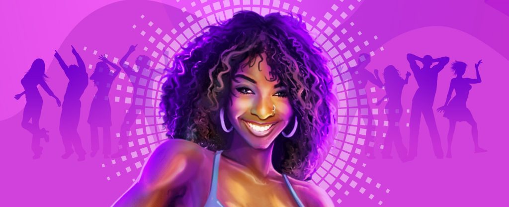 An illustrated woman in her 20s with shoulder-length curly hair and a big smile stands in front of the reflected lights from a disco ball, while silhouettes of people dancing are seen behind her, against a purple background.