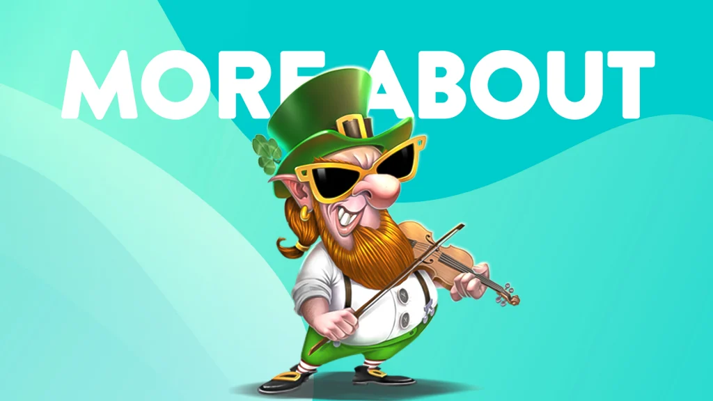 A leprechaun from Larrys Lucky Tavern wearing sunglasses and a green hat plays a violin against a teal background with "More About" written in bold white letters.