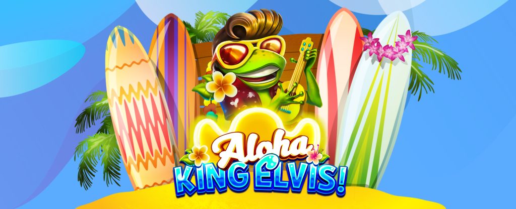 The logo from the SlotsLV slots game‘Aloha King Elvis, featuring a green cartoon frog wearing an Elvis costume.