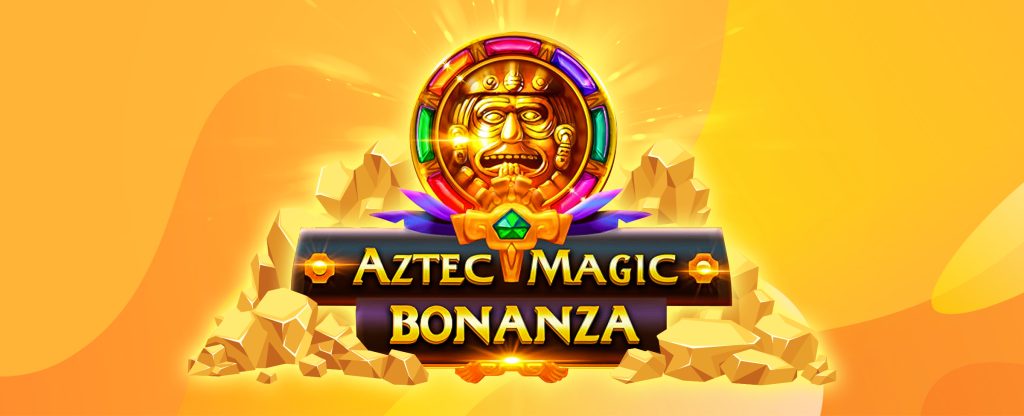 The Aztec Magic Bonanza logo from the SlotsLV slots game rests upon a pile of gold rocks, set against a multi-colored yellow background.