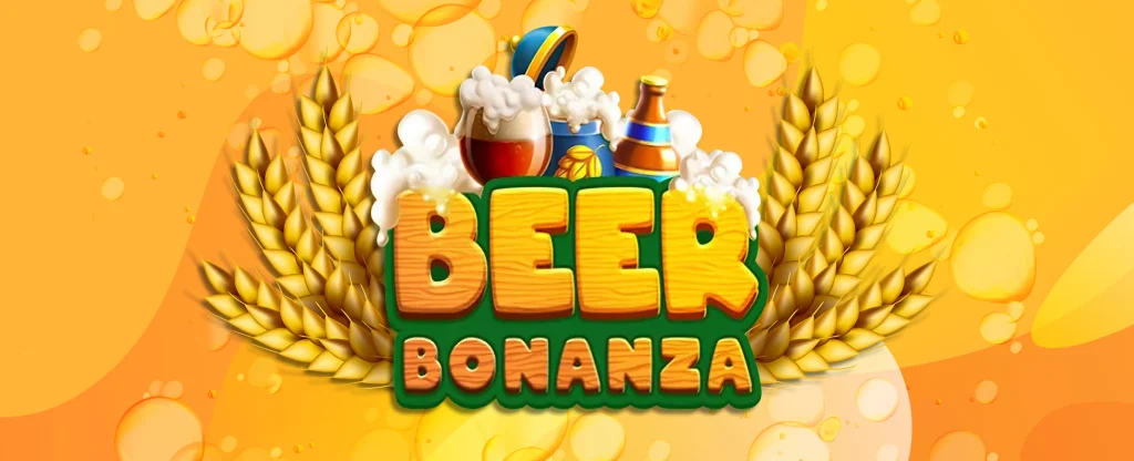 The gold and green logo of the SlotsLV slots game, ‘Beer Bonanza’, sits atop wheat and various bottles of beer, surrounded by froth, and set against an orange background.