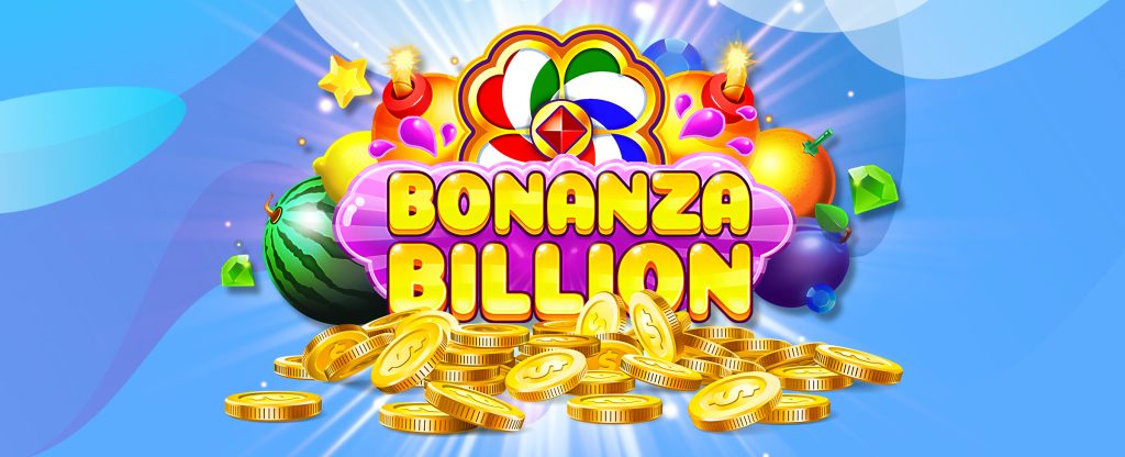 A fun, bubbly illustrated yellow font that reads ‘Bonanza Billion’ makes up the logo from the SlotsLV slots game of the same name. The logo is set against a long, purple bubble, which is in front of a variety of fruits including a watermelon, blueberry, orange, and a lemon. On either side are two orange balls with lit fuses, and in the middle, a rainbow-striped pinwheel. In the foreground is a pile of gold coins, while in the distance is a multi-tone blue abstract background.