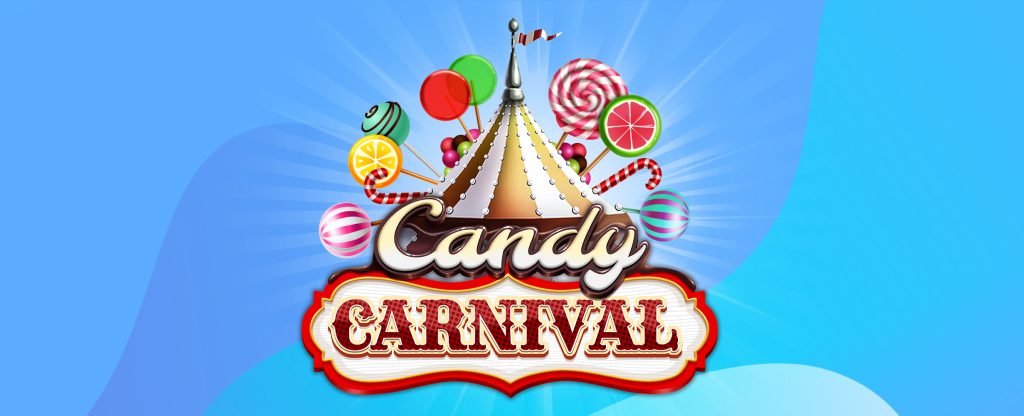 A 3D-illustration of a traveling circus tent, with its top canvas colored in white and brown, with a flag pole and a red and white flag affixed. Poking out in each direction are assorted candies on sticks. Overlaid in front is the logo for the SlotsLV slots game Candy Carnival. 