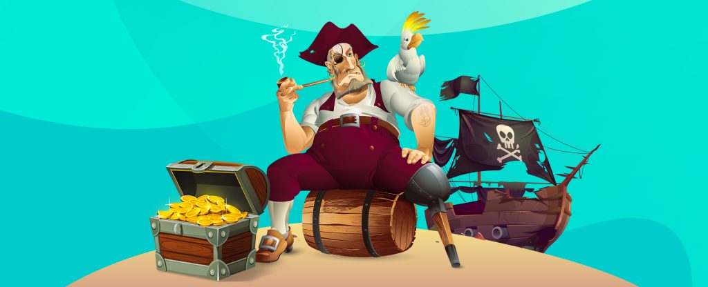 A 3D-animated pirate sitting on a wooden barrel wedged in sand, legs sprawled, and smoking a pipe. With one wooden leg, an eye patch, and red trousers and hat, he looks towards the parrot that sits on his left shoulder. Off in the distance is a pirate ship with black sales featuring a skull and bones. To the pirate’s left, is a treasure chest with its lid open, filled with gold.