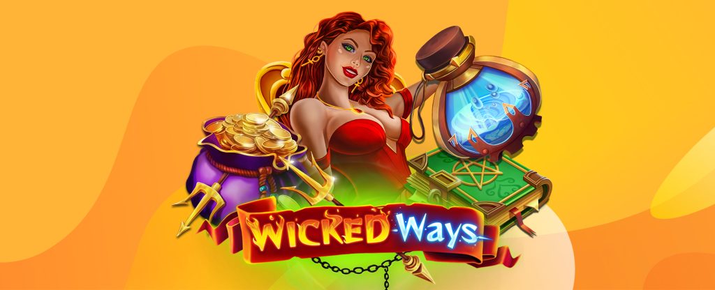 A cartoon woman and game graphics from the SlotsLV slot game Wicked Ways is set against an orange and yellow background.