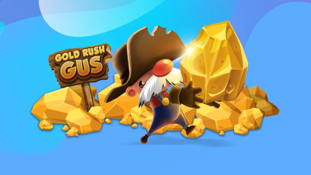 A cartoon gold prospector holds up an oversized gold nugget from the SlotsLV slots game Gold Rush Gus, surrounded by gold rocks, set against a blue background.