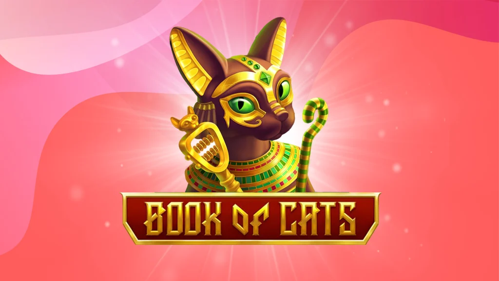 A colorful illustrated Egyptian cat sits behind a sign that reads ‘Book of Cats’ from the SlotsLV slots game, set against a pink background.