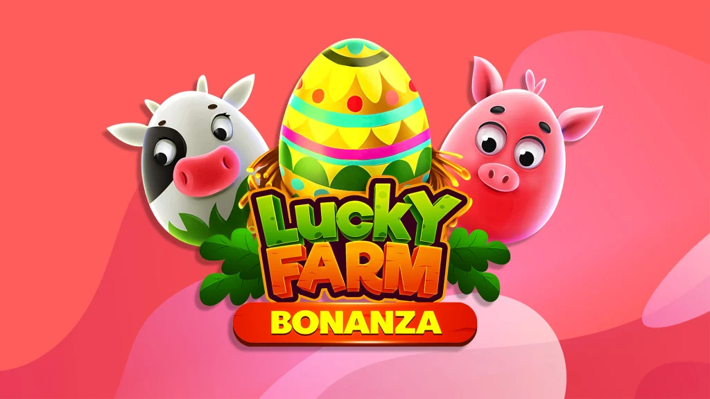 Two animated pig cartoons and a colorful egg sit behind a logo from the SlotsLV slots game ‘Lucky Farm Bonanza’, set against a red abstract background.