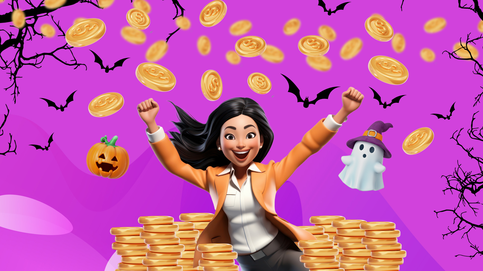 A woman with black hair is holding her arms up in joy over stacks of gold coins. Gold coins are also floating in the purple background with shadows of trees and bats.