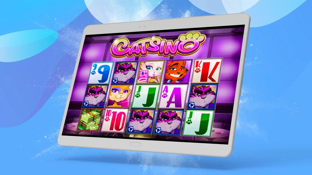 An iPad displaying the gameplay from the SlotsLV Catsino game, set against a blue background.