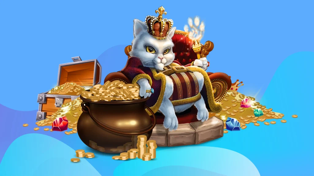 A cartoon cat from Cat Kingdom slots game sits on a throne surrounded by treasure against a blue background.