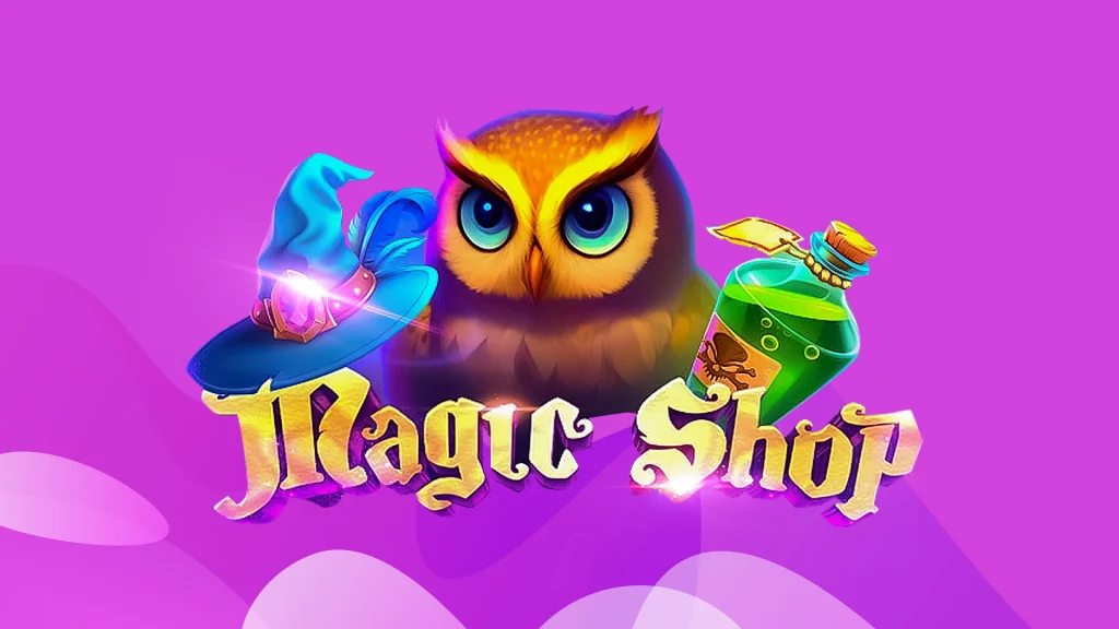 An owl appears in the center, along with a witch's hat and a magic poo bottle over the text: Magic Shop