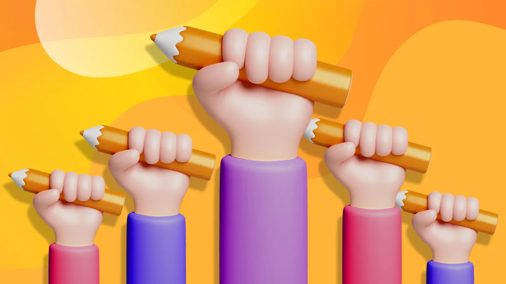 Five animated hands holding pencils high into the air are set against an orange background.