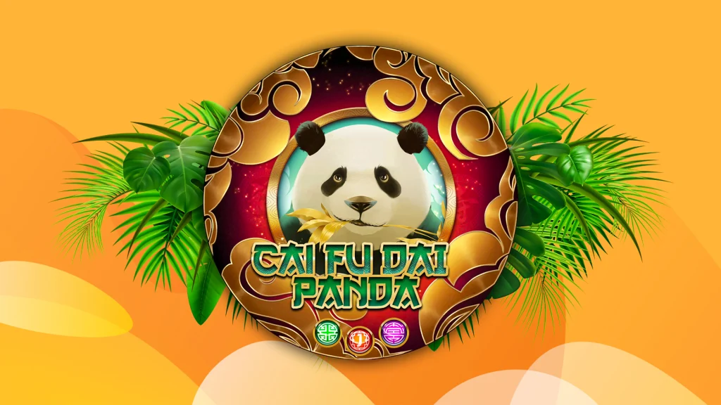 Cartoon panda head with the SlotsLV slots game logo for ‘Cai Fu Dai Panda’ overlaid, surrounded by green foliage, and an orange background.