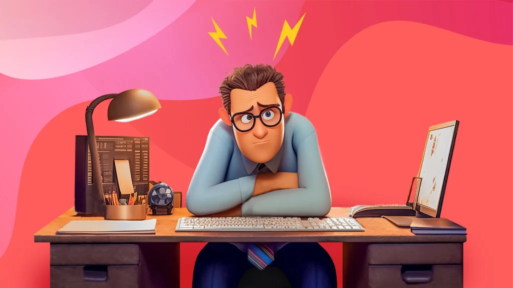 A cartoon man slouches over a desk against a pink background.