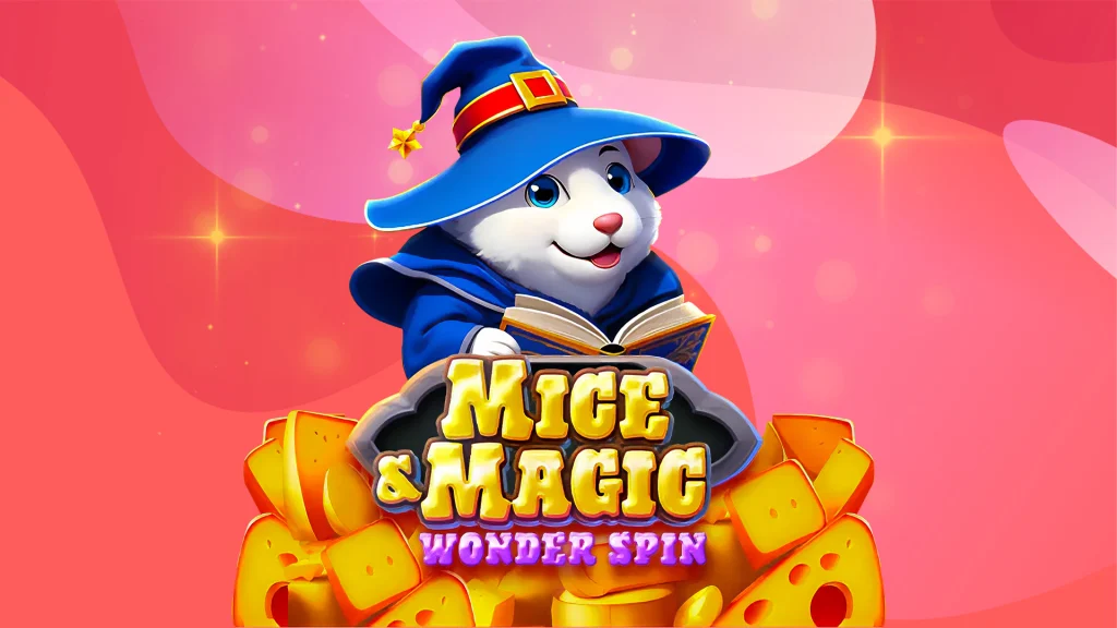 A cartoon mouse in a magician's costume with the logo from the SlotsLV slots game, Mice & Magic Wonder Spin’, against a pink background.