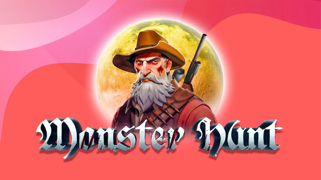 Animated man in a hunter’s outfit, standing behind the SlotsLV slots game logo for ‘Monster Hunt’, set against a pink background.