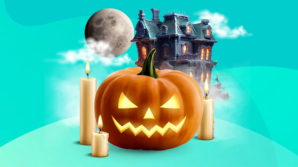 A lit jack-o’-lantern surrounded by candles, a castle and the moon is set against a teal blue background.