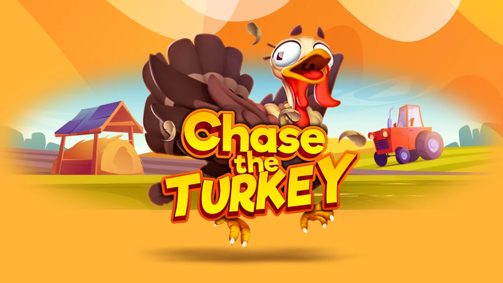 A cartoon turkey with the SlotsLV slots game logo for ‘Chase the Turkey’ overlaid with a farm in the distance against an orange background.