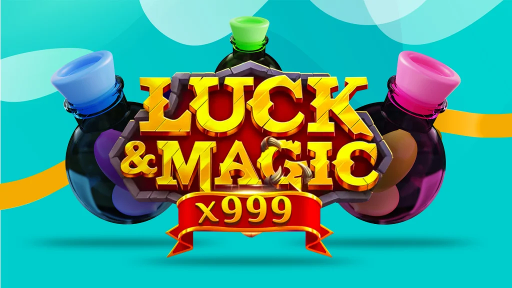 The SlotsLV slots game logo for Luck & Magic set in front of three round colored vials.