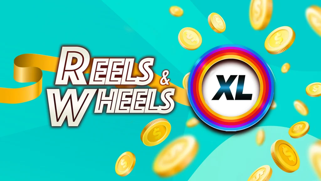 The SlotsLV Reels & Wheels XL slots game logo with a gold banner and golden coins behind it, set on a teal background