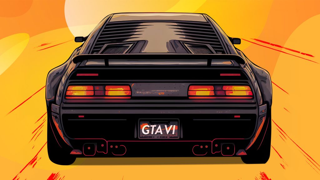 Image of a car with GTA VI as the license plate, set on an orange background.