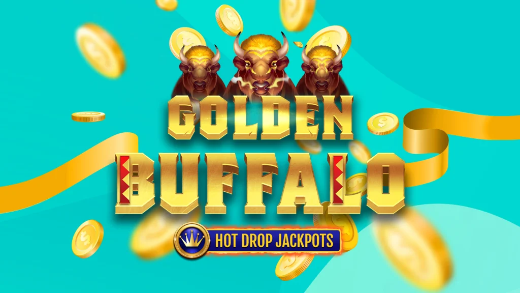 The SlotsLV Golden Buffalo Hot Drop Jackpots logo on a teal background.