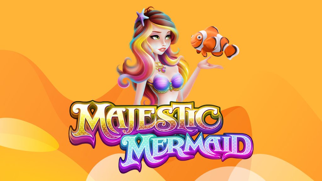 Colorful fish swims past a cartoon mermaid with the SlotsLV slots game logo for 'Majestic Mermaid’ overlaid, against an orange background.