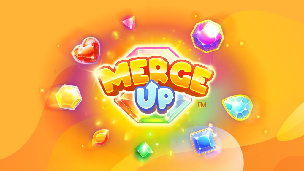 Cartoon text of the SlotsLV slots game logo for ‘Merge Up’ surrounded by various slot game jewel symbols, set against an orange background.