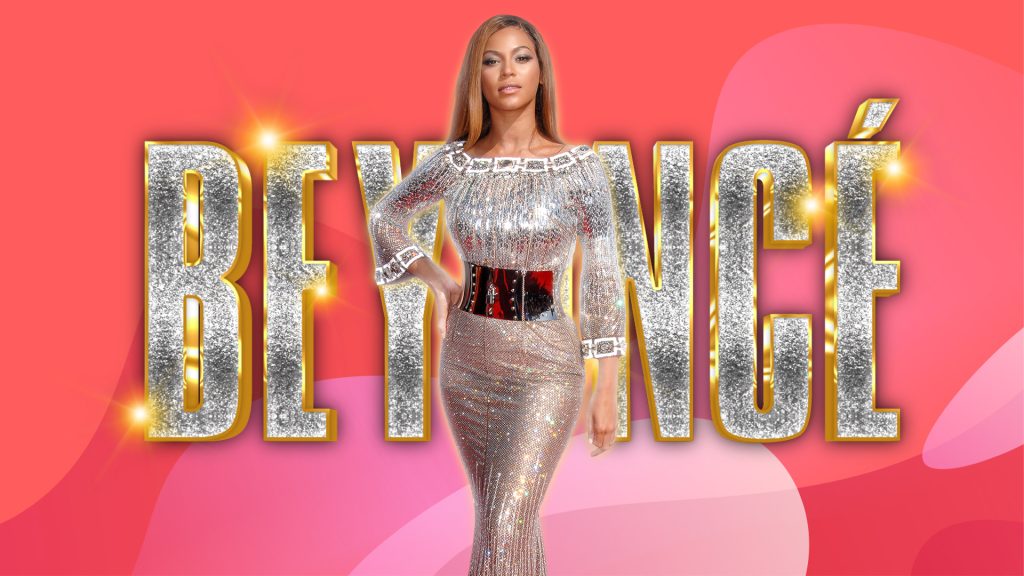 Beyoncé stands in front of her name in silver glitter, set against a pink background.