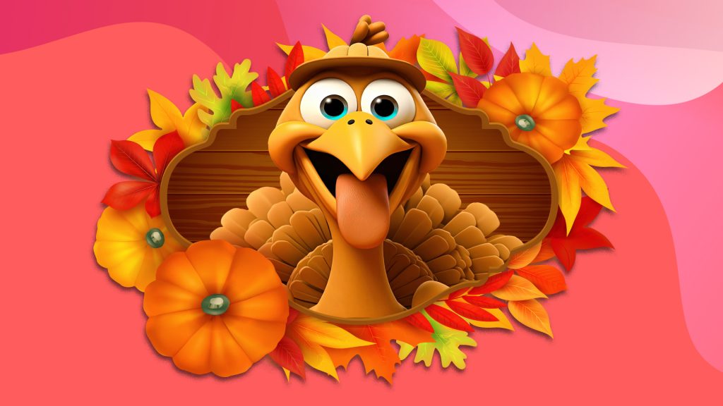 A cartoon turkey pokes its head through a Thanksgiving wreath, set against a pink background.