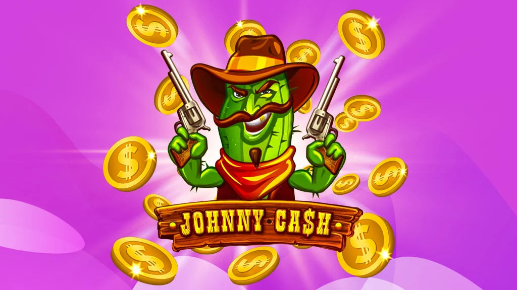 A cactus holding two pistols and in cowboy attire is centered with ‘Johnny Ca$h’ printed on a wooden board and golden coins behind, on a pink background.