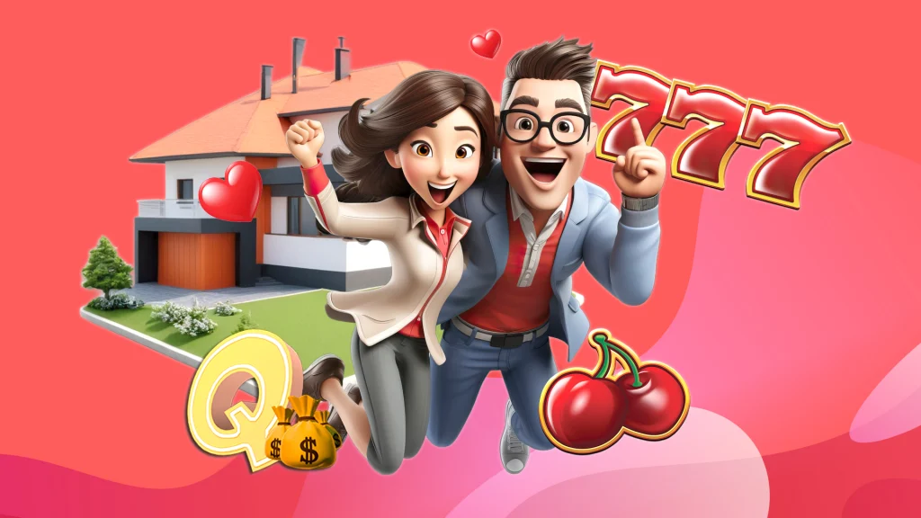 A cheerful couple is jumping in front of a house, with symbols like "777," cherries, and a money bag displayed around them on a red and pink background.