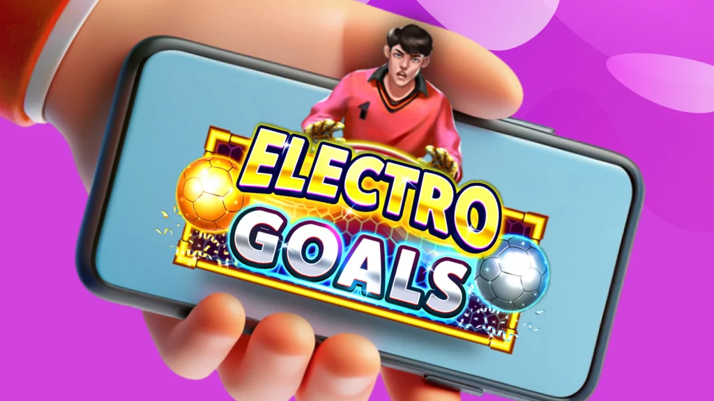 With a purple background, a hand is holding a phone that says ‘Electro Goals’ and a soccer player is hovering over the top. 