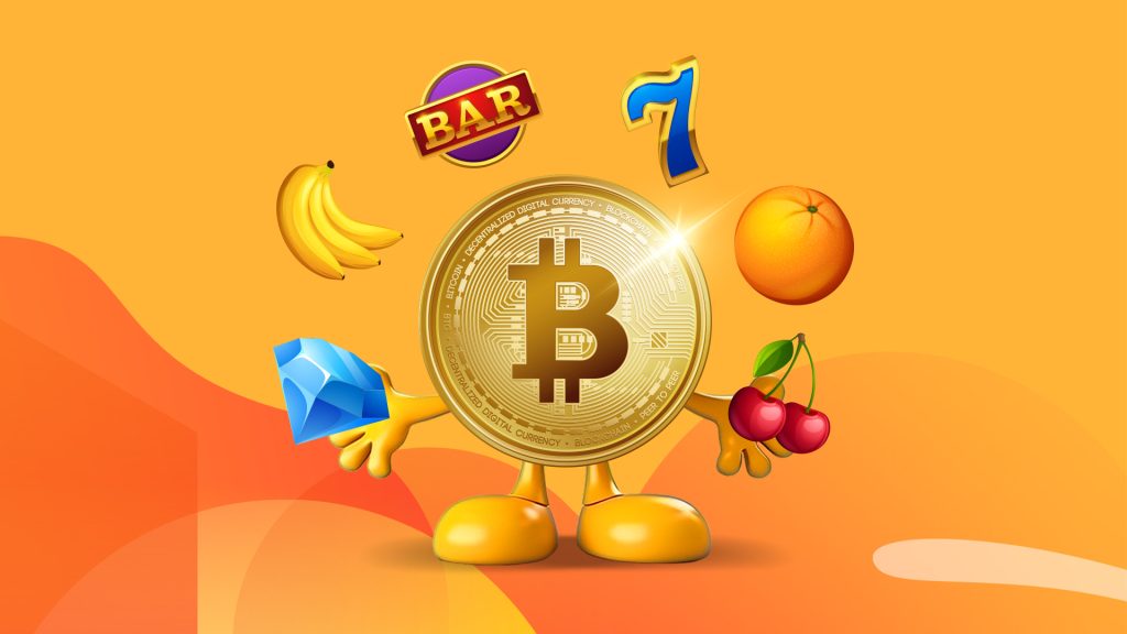 There’s a gold Bitcoin in the middle surrounded by floating slot symbols and it’s all on top of a yellow-orange background.