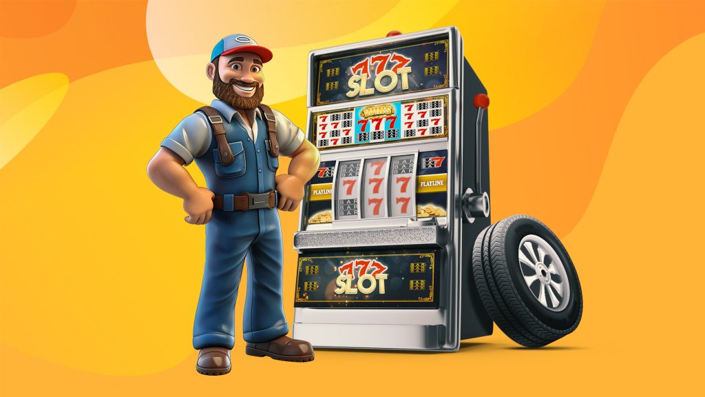 A car mechanic is standing next to an old-school slot machine and they’re both on top of an orange background with yellow hues.
