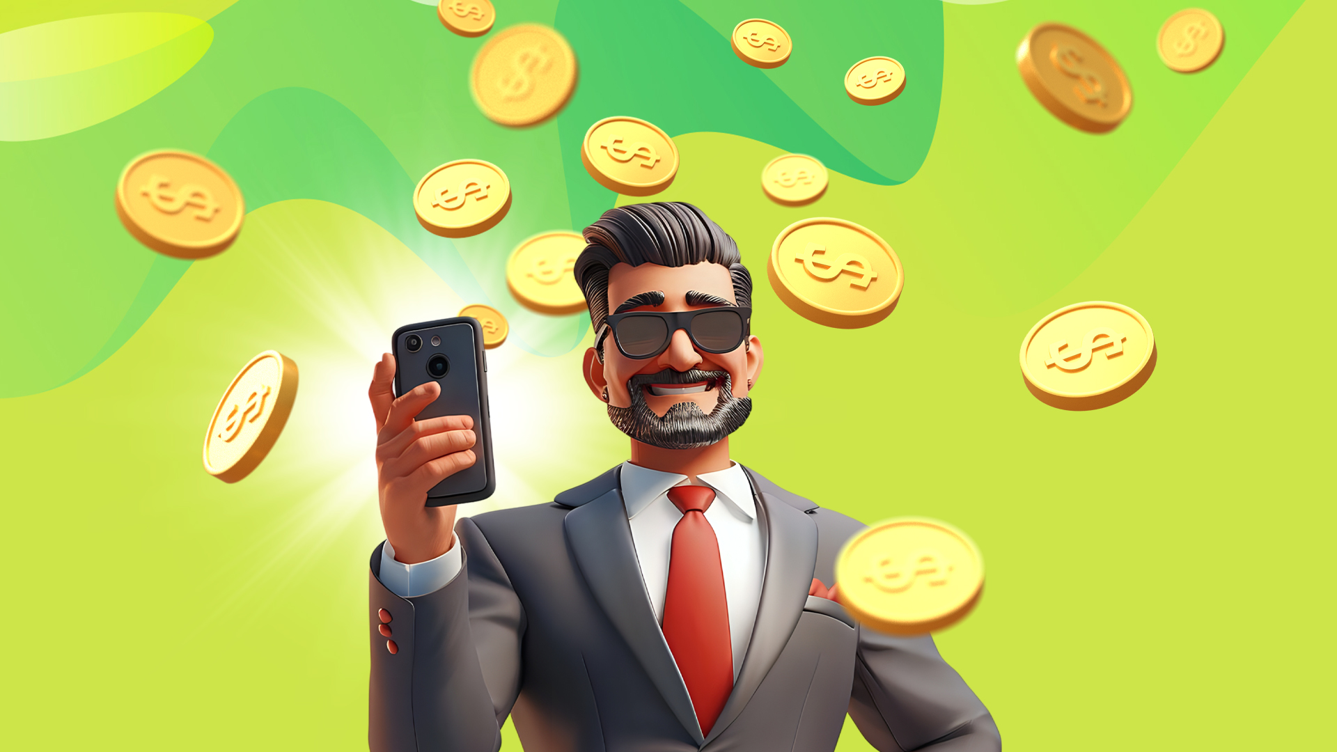 A lime green background has a man in sunglasses holding his phone and he’s surrounded by gold coins all around him.